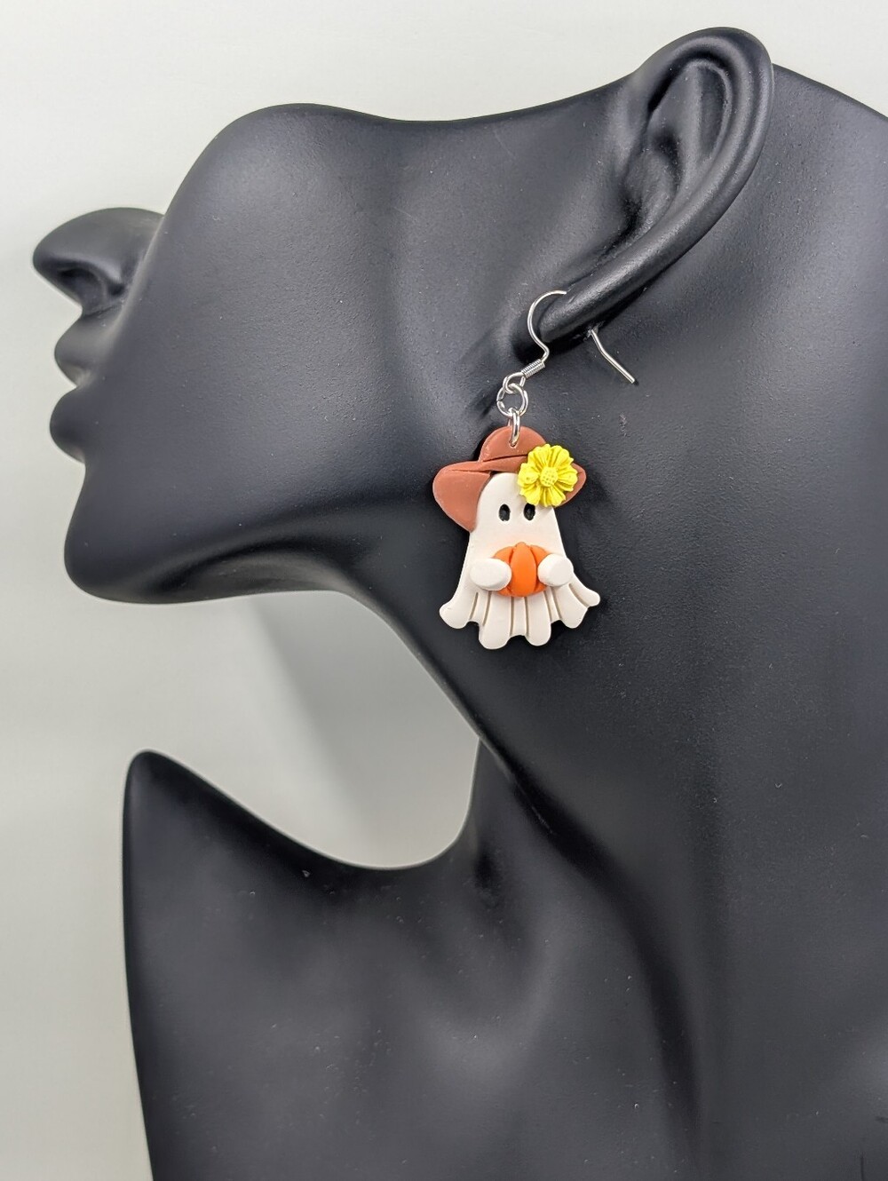 Ghost Pumpkin Earrings with Orange Hat and Yellow Flower